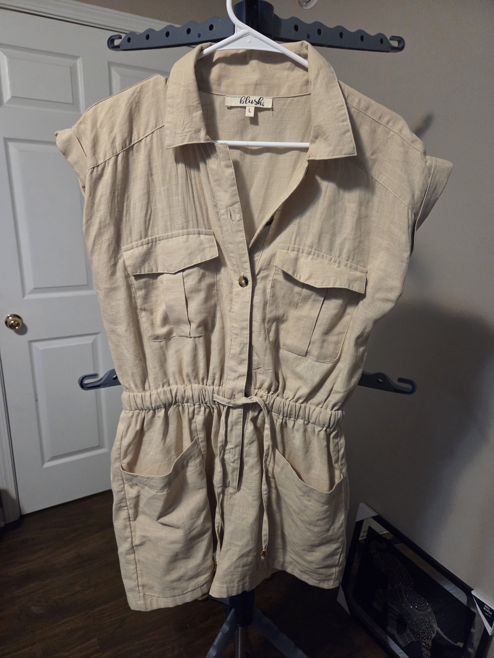 Blush Beige Drawstring Utility Romper with Front Pockets